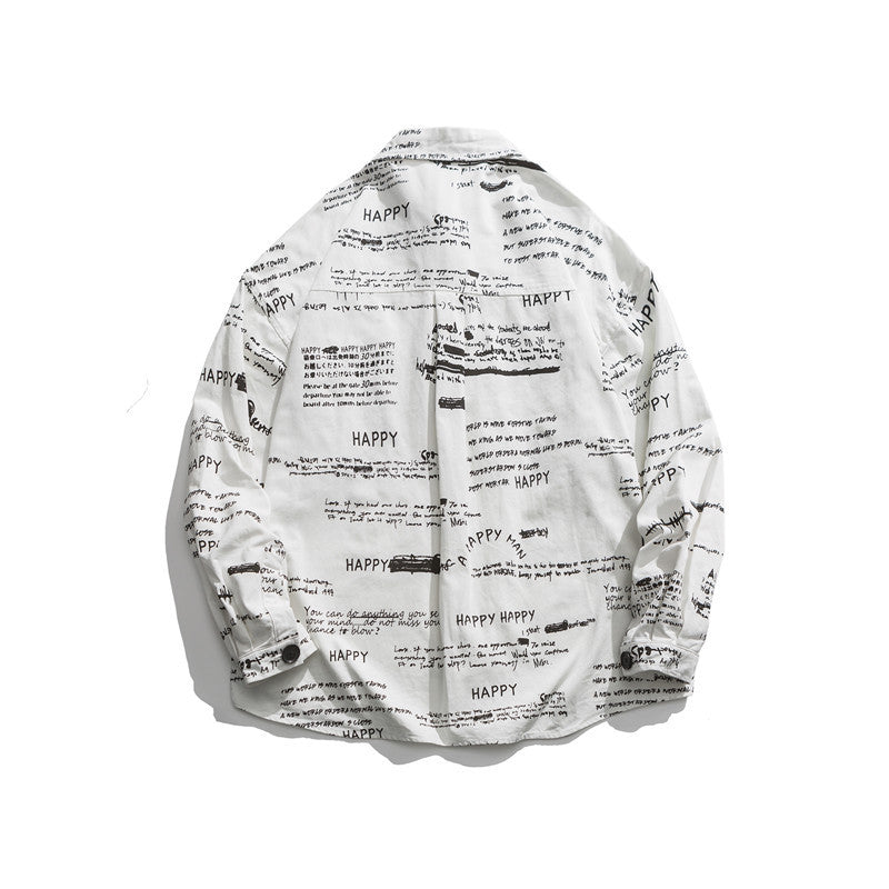 Man Fall Outfis Autumn Clothing Street Hip-Hop Creative Full Printed Contrast Color Pocket Shirt Boys Loose Top