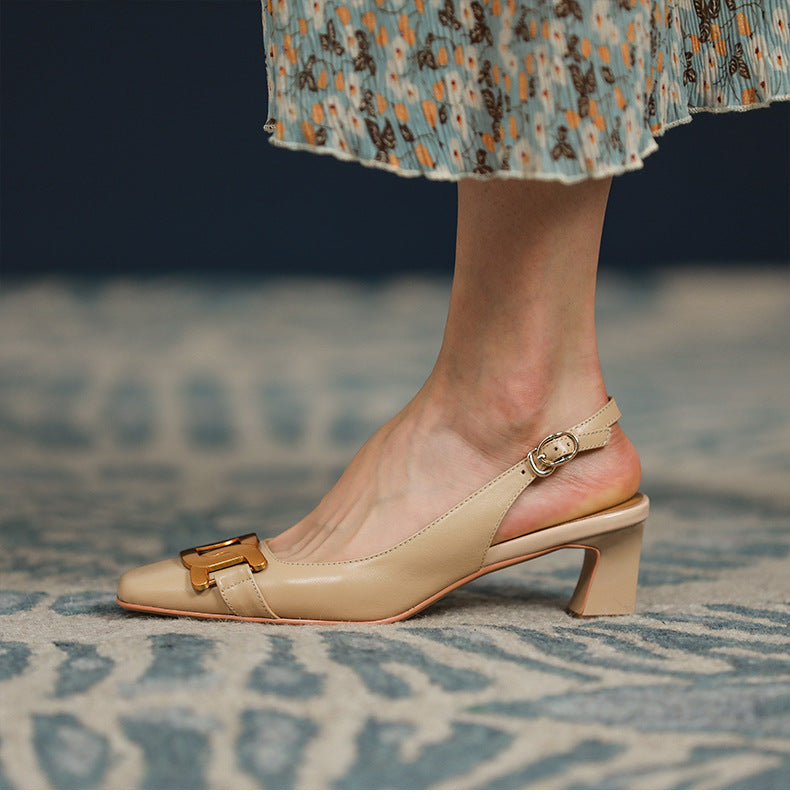 Nude Low Block Heel Square Toe Chunky Heel Internet Celebrity Shallow Mouth