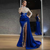 Long Homecoming Dresses Women's Blue Gold round Neck Dress Long Dress Women