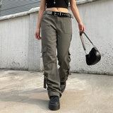 Julia Fox Low Rise Jeans Side Pleating Cool Strap Irregular Straight-Leg Pants Multi-Pocket Flanging Versatile