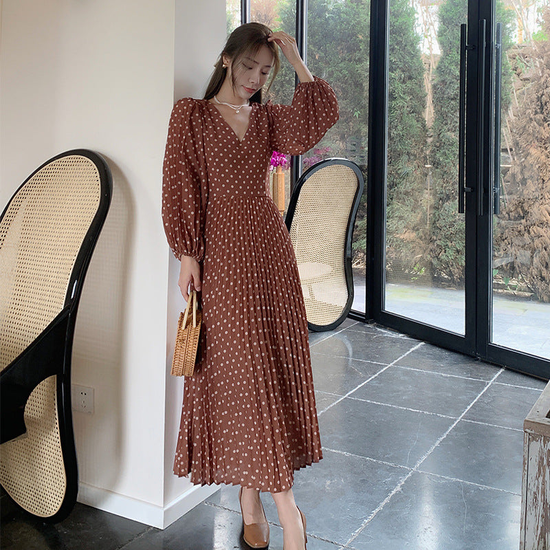 Gypsy Style Dresses V-neck Puff Sleeve Polka Dot Chiffon Pleated Pleated Dress
