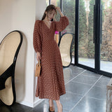 Gypsy Style Dresses V-neck Puff Sleeve Polka Dot Chiffon Pleated Pleated Dress