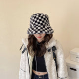 Vintage Check Bucket Hat Lamb Wool Bucket Hat