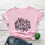 Merry and Bright Sweatshirts Christmas Merry and Bright Letter Printed round Neck Short Sleeve T-shirt