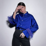Gloria Vanderbilt Feather Long Sleeve Lapel Klein Blue Shirt