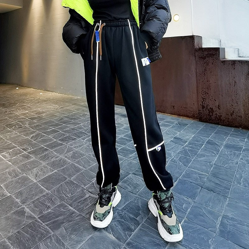 Grey Sweatpants Reflective Stripe Sweatpants High Waist Ankle-Tied Casual Sweatpants