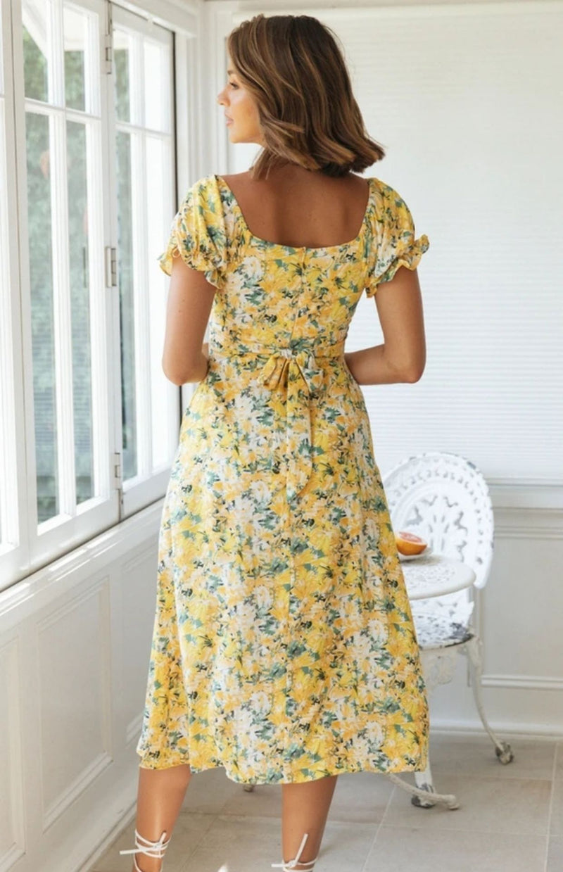 Nine Britton Dress Sexy Slit Square Collar Ruffled Short Sleeves Printing