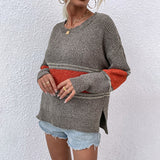 Women Pullover Knit Sweater Autumn and Winter Contrast Color Striped Split Sweater