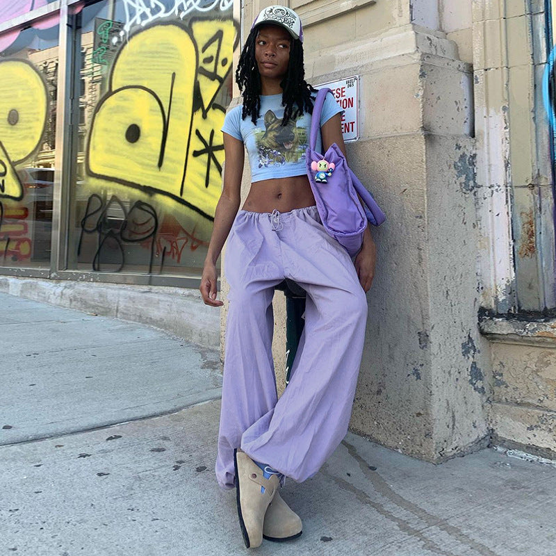 Julia Fox Low Rise Jeans Handsome Drawstring Waist-Tight Woven Casual Pants Hot Girl Loose Leg-Tight Hip Hop Purple Trousers