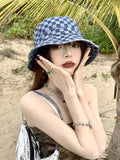 Vintage Check Bucket Hat Grid Cowboy Hat Sun-Proof Basin Hat