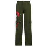 Julia Fox Low Rise Jeans Women's Side Vintage Printed Loose Casual Straight-Leg Low Waist Cargo Pants