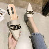 Finn Chain Pointed Toe Mule Closed Toe Half Slippers Summer Women's Pointed-Toe Mules Shoes Half Support