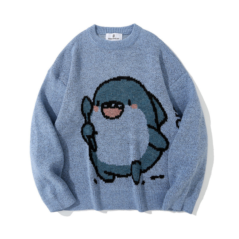Men Sweater Cartoon Jacquard Sweater Men's Autumn Street Trend Loose Pullover