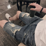 Men Denim Shorts Men's Jeans Shorts Straight Loose Korean Ripped