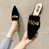 Finn Chain Pointed Toe Mule Closed Toe Half Slippers Summer Women's Pointed-Toe Mules Shoes Half Support