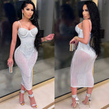 Skin Tight Long Dresses See-through Rhinestone Strap Dress