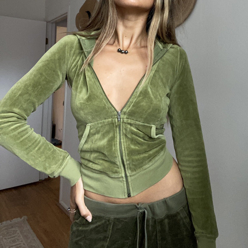 Velour Tracksuit Sports Two-Piece Set Solid Color Velvet Zipper Hooded Jacket Casual Suit