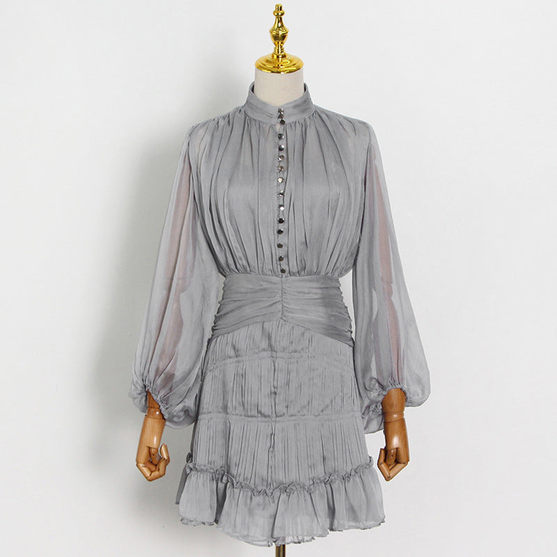 Coachella Music Festival Outfits Chiffon Skirt Single Row Buckle Pleated Patchwork Puff Sleeve Sheath