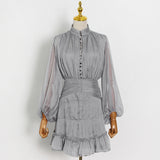 Coachella Music Festival Outfits Chiffon Skirt Single Row Buckle Pleated Patchwork Puff Sleeve Sheath