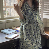 Emerald Green Dress V-neck Tight Waist Long Floral