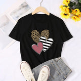 Valentine's Day T Shirts Couples Color Leopard Print Heart Printing Women's Pullover Short Sleeve T-shirt