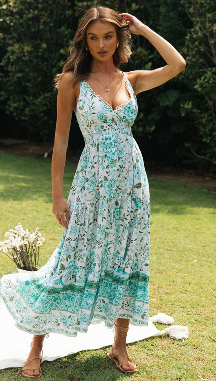 Kendall Jenner Wedding Guest Dress V-neck Bohemian Positioning Flower Dress Backless Lace-up