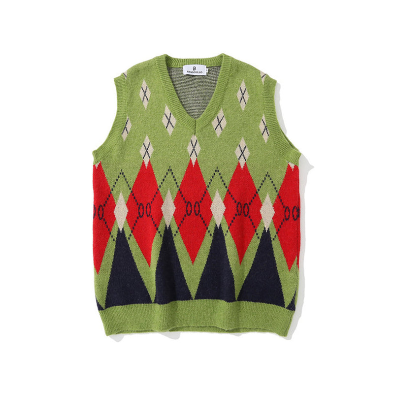 Men Sweater Color Block Jacquard Sweater Vest Coat Men's Sweater Vest
