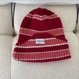 Red Beanie Hat Colorful Striped Woolen Cap Women's Autumn and Winter Casual Knitted Hat