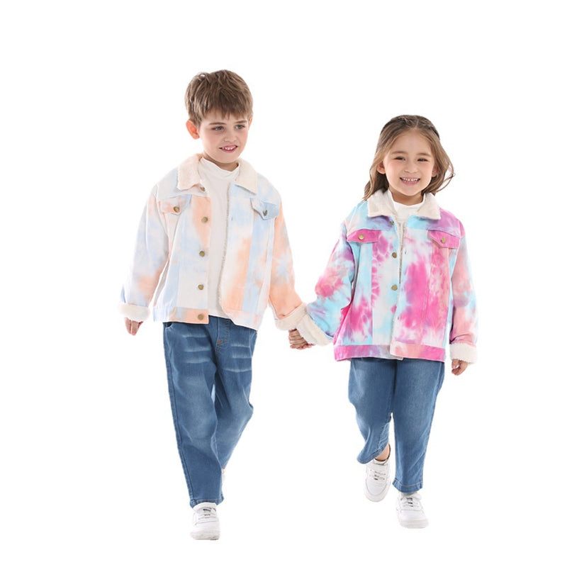 Children Jean Jackets Children's Tie-Dyed Velvet Long-Sleeved Denim Jacket