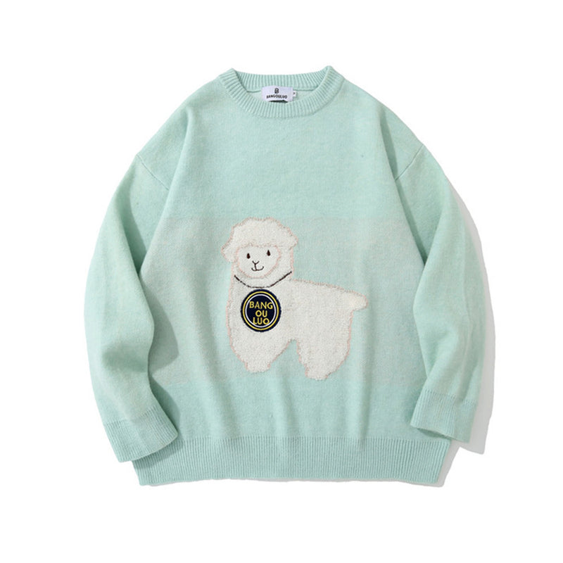 Men Sweater Cartoon Lamb Embroidered Knitwear Men's Long Sleeve Pullover