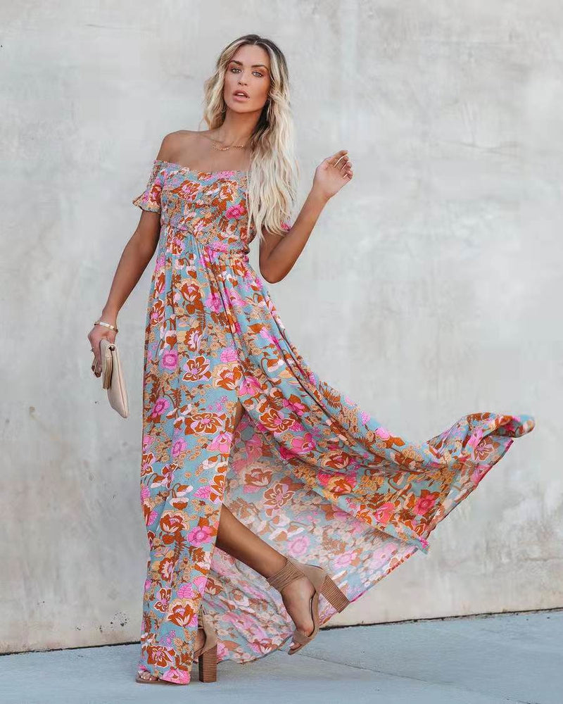 Gypsy Style Dresses High Waist Floral Print off-the-Shoulder Dress