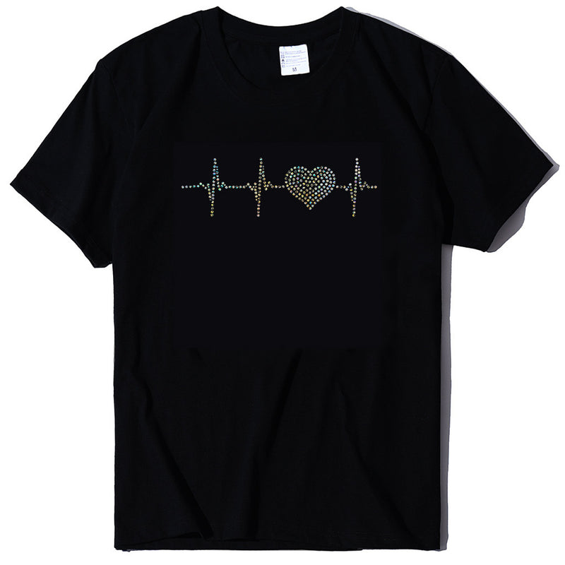 Valentine's Day T Shirt ECG Heart-Shaped Rhinestone Summer Large Size Top