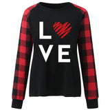 Valentine's Day T Shirt Plaid Sleeve Love Heart Printing Long Sleeve T-shirt