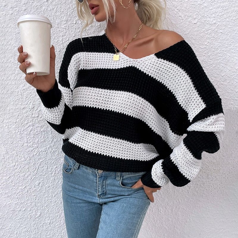 Women Pullover Knit Sweater Autumn and Winter Striped Stitching Sweater for Women