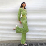 Velour Tracksuit Sports Style Green Velvet Hoodie and Hot Drilling Velvet Pants