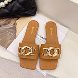 Finn Chain Pointed Toe Mule Summer Flat Metal Buckle Retro Square Toe Sandals for Women