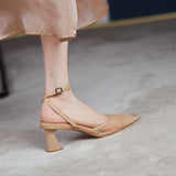 Nude Low Block Heel Toe Cap Pointed Mesh Thick Heel Ankle-Strap