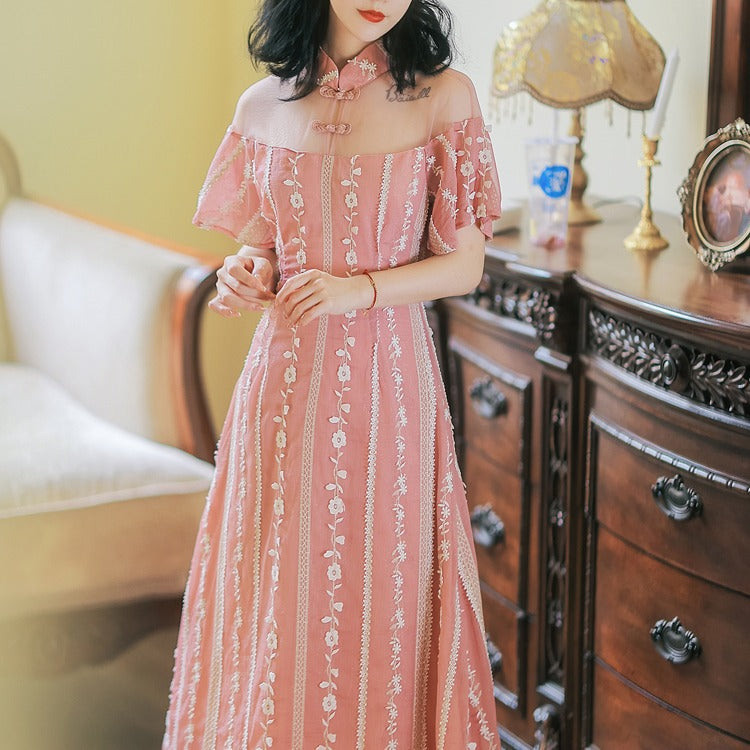 Coachella Music Festival Outfits Women's Retro Exposed Shoulder Improved Cheongsam and Dress Dress
