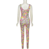 Summer women's fashion printed high waist tight sleeveless low cut sports jumpsuit