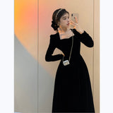 Maxi Burgundy Dress Formal Women's Autumn and Winter Square Collar Midi Dress Base Skirt