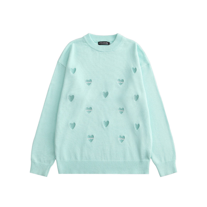 Men Sweater Solid Color Heart Embroidered Sweater Men's round Neck Knitwear Street Tide Brand Pullover