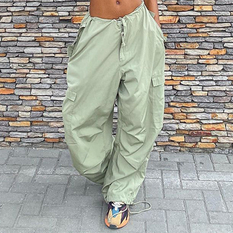 Julia Fox Low Rise Jeans Sports Style Casual Wide Leg Woven Pants Low Waist Lace-up Side Pocket Slimming Straight Pants