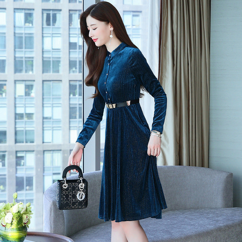 Blue Velvet Dress Pleuche Long Sleeve