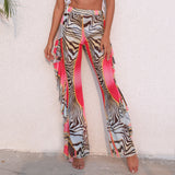 Coachella Music Festival Outfits Ruffled Trousers Mesh Floral Print See-through Beach Pants