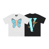 Vlone T Shirt Blue Butterfly Print Large V Short Sleeve T-Shirt Men And Women Loose Hip Hop Half Sleeve