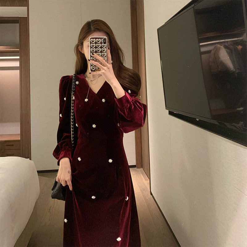 Long Sleeve Burgundy Dress Formal Red Temperament Midi Dress Pleuche Dress