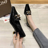 Finn Chain Pointed Toe Mule Crocodile Pattern Patent Leather Muller Pumps Rhinestone Metal Buckle