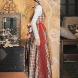 Coachella Music Festival Outfits Autumn and Winter Retro Plaid Stitching Mesh Vest Skirt