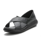 Highway Flat Sandals Summer Thick-Soled Leather Vintage Peep Toe Fashion Platform Height Increasing Wedge Sandals