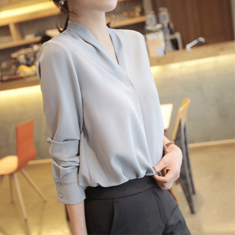 Gloria Vanderbilt Long Sleeve Chiffon V-neck White Shirt